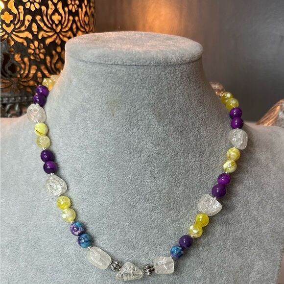 One of a Kind Rain Flower Jade Mattix Turquoise & Genuine Rock Crystal Necklace - Picture 2 of 6